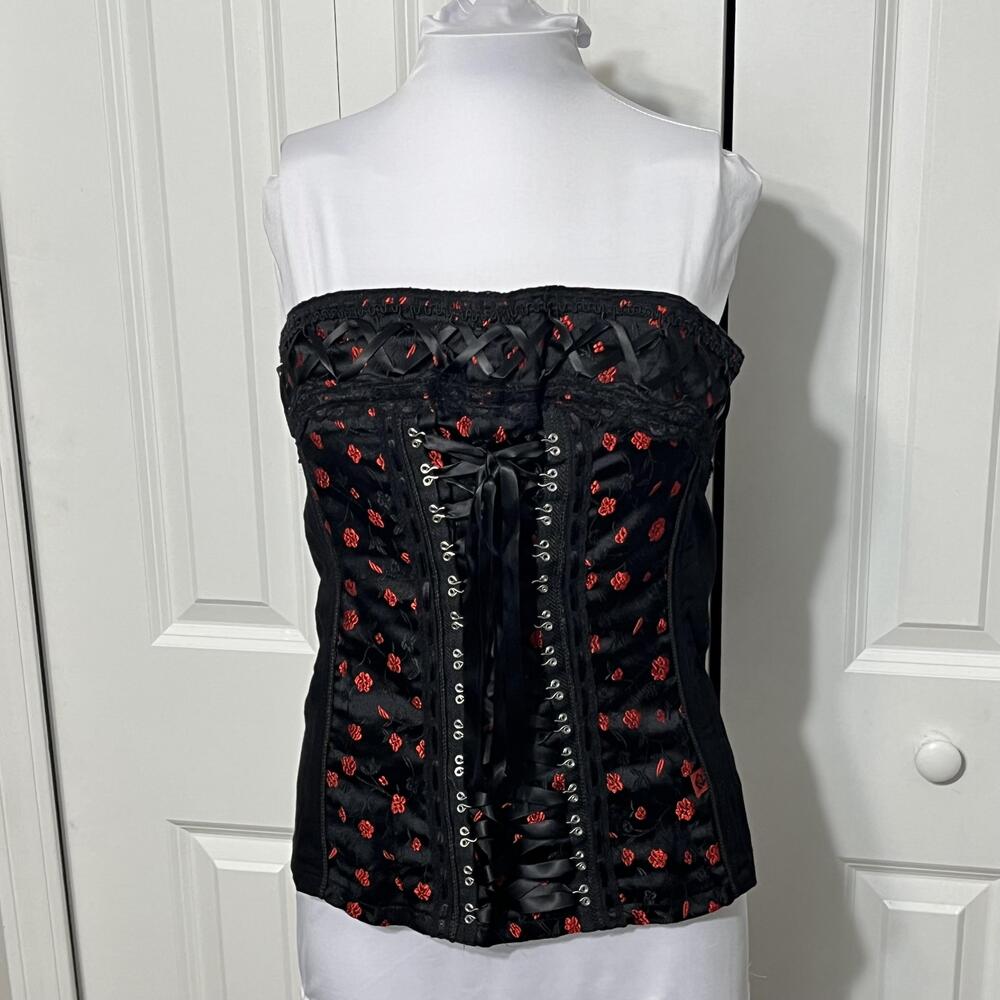 Tripp NYC Corset Women Lip Service Goth Floral Satin Lace Up Boned Top Bustier